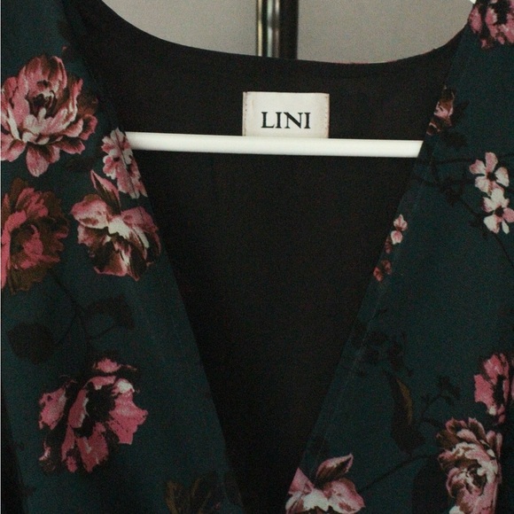 LINI Women's Isabelle Long Puff Sleeve Floral Plunging V-Neck Mini Dress - Picture 3 of 5
